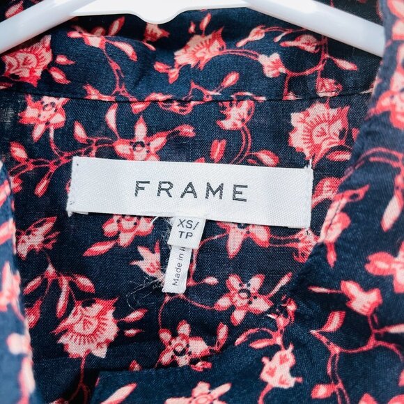 Frame XS Navy Floral Short Sleeve Button Down Mini Shirt Dress w/Slip & Pockets - Picture 5 of 8